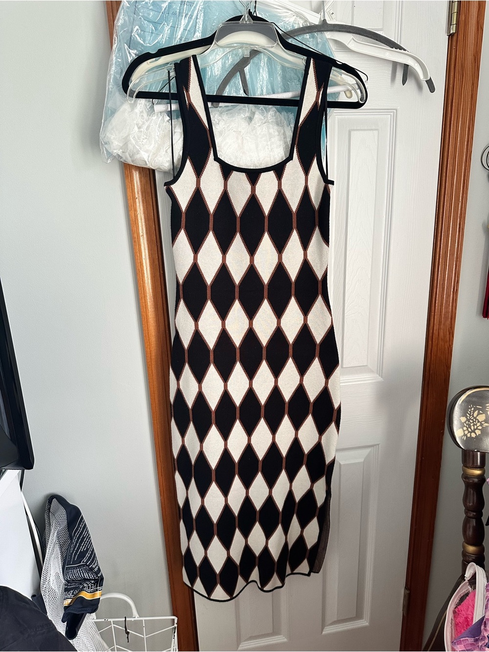House of Harlow 1960 Black and White Diamond Knit Tank Dress